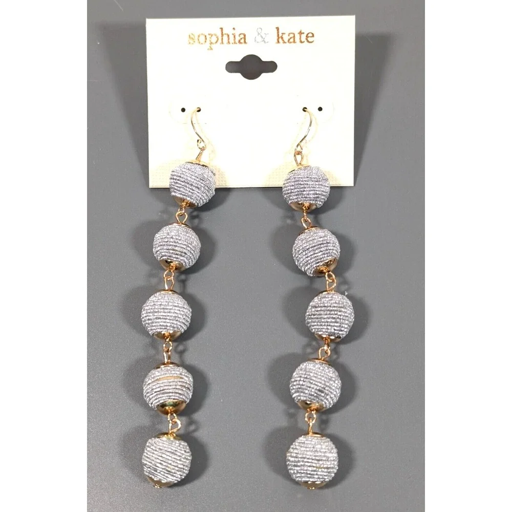 Sophia & Kate Long Stacked Bead Drop Earrings Silver Tone Cord‎ Gold Accents